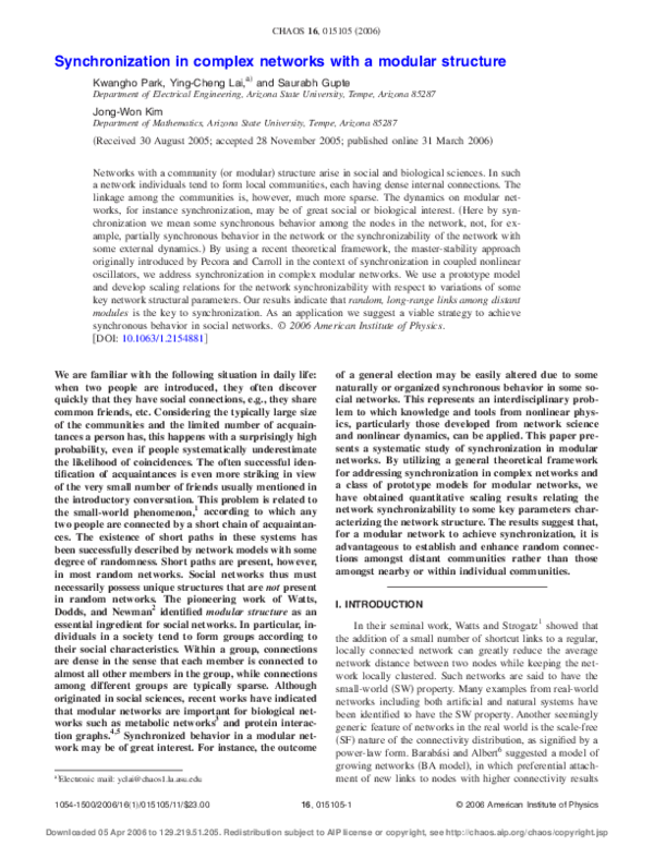 (PDF) Synchronization in complex networks with a modular structure