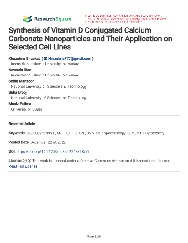 (PDF) Synthesis of Vitamin D Conjugated Calcium Carbonate Nanoparticles ...