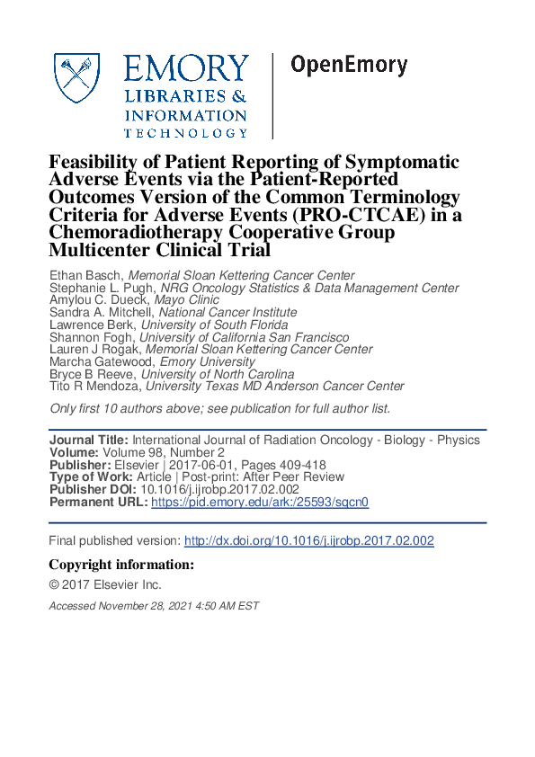 (PDF) Feasibility of Patient Reporting of Symptomatic Adverse Events ...