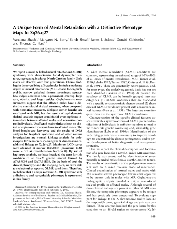 (PDF) A Unique Form of Mental Retardation with a Distinctive Phenotype ...