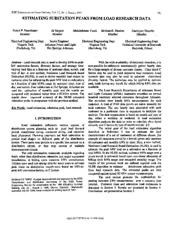 (PDF) Estimating substation peaks from load research data