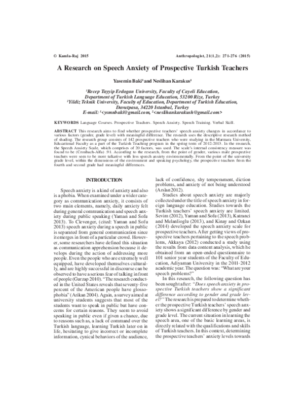 (PDF) A Research on Speech Anxiety of Prospective Turkish Teachers