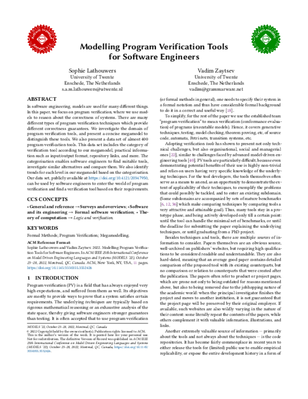 (PDF) Modelling Program Verification Tools for Software Engineers