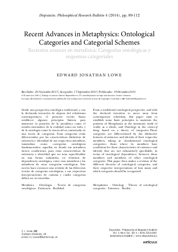 (PDF) Recent advances in metaphysics: ontological categories and ...