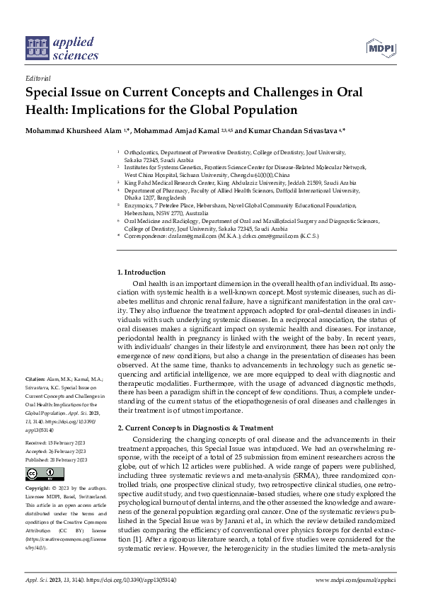 (PDF) Special Issue on Current Concepts and Challenges in Oral Health ...