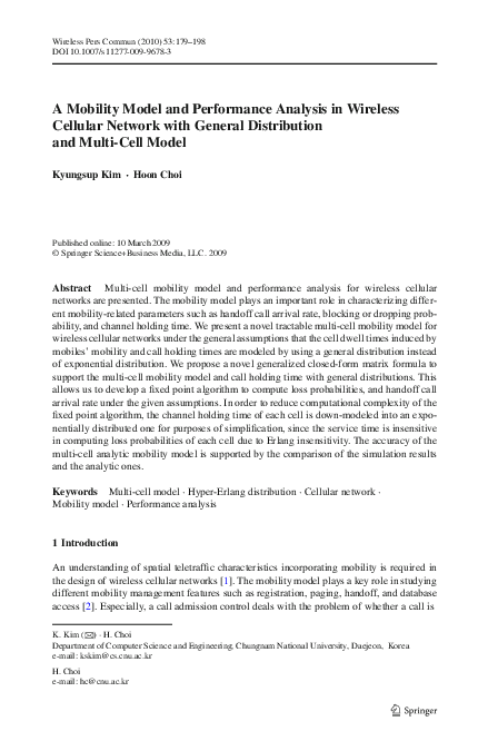 (PDF) A Mobility Model and Performance Analysis in Wireless Cellular ...