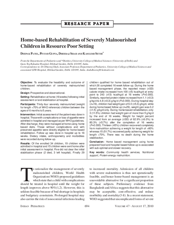 (PDF) Home-based rehabilitation of severely malnourished children in ...