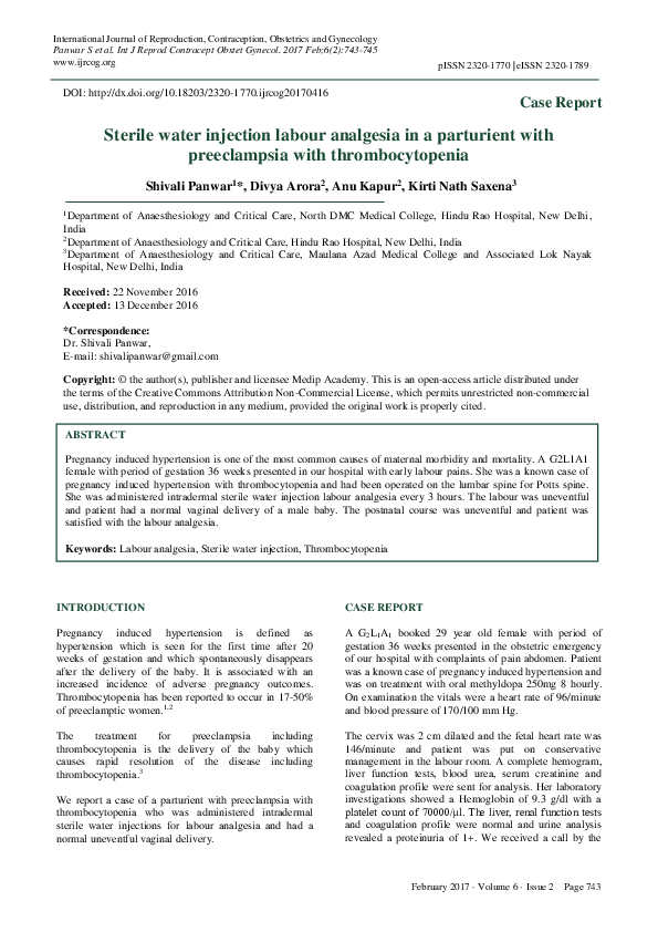 (PDF) Sterile water injection labour analgesia in a parturient with ...
