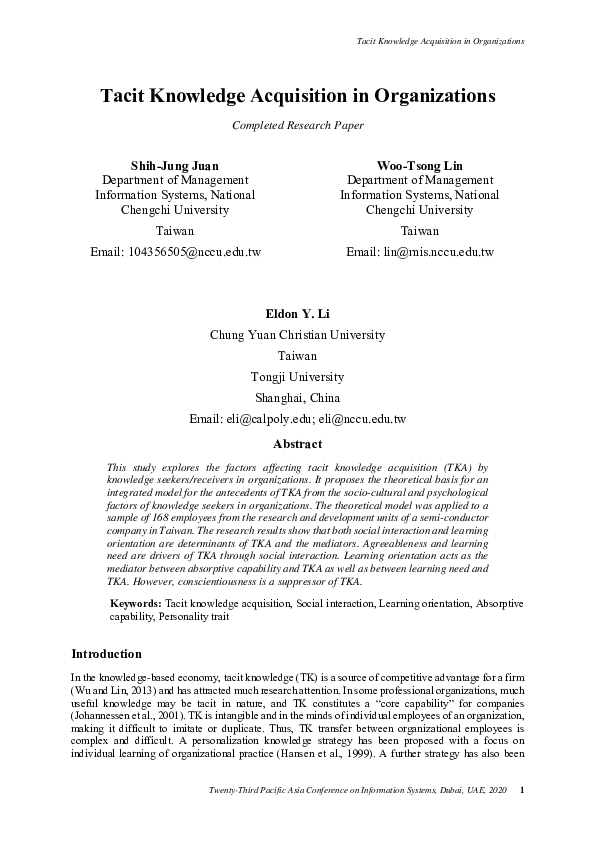 (PDF) Tacit Knowledge Acquisition in Organizations