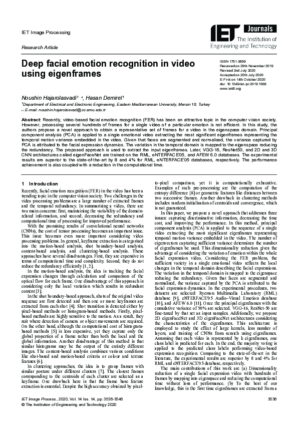 (PDF) Deep facial emotion recognition in video using eigenframes