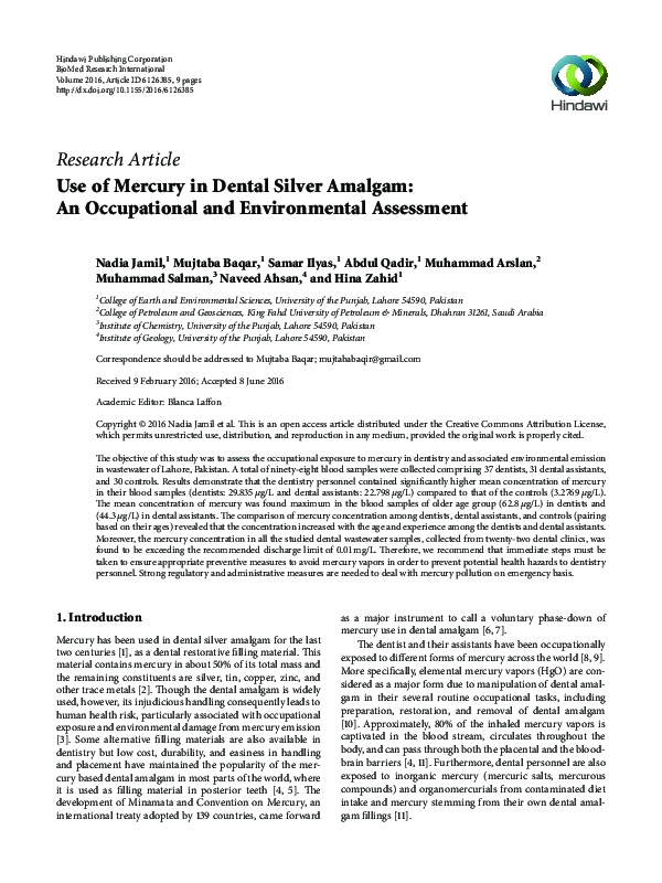 (PDF) Use of Mercury in Dental Silver Amalgam: An Occupational and ...