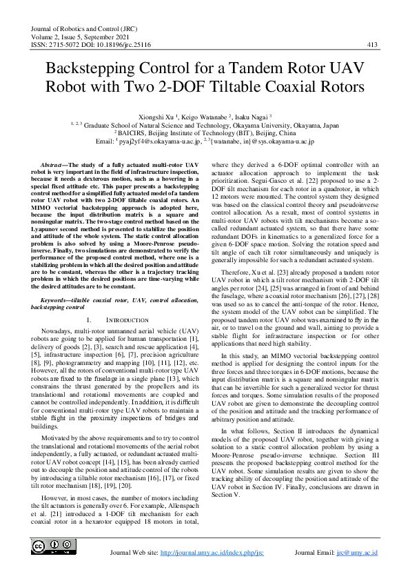 (PDF) Backstepping Control for a Tandem Rotor UAV Robot with Two 2-DOF ...