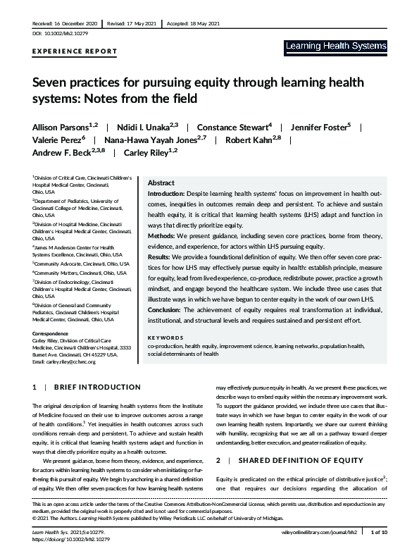(PDF) Seven practices for pursuing equity through learning health ...