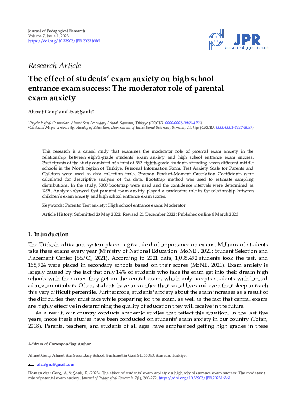 (PDF) The effect of students' exam anxiety on high school entrance exam ...