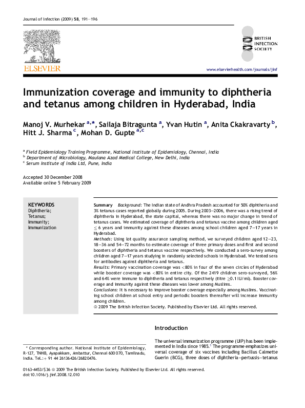 (PDF) Immunization coverage and immunity to diphtheria and tetanus ...
