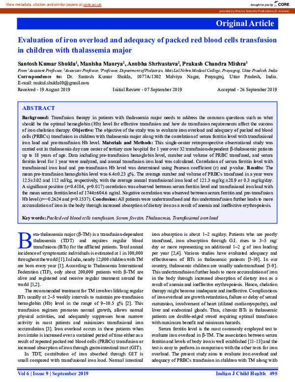 (PDF) Evaluation of Iron Overload and Adequacy of Packed Red Blood ...