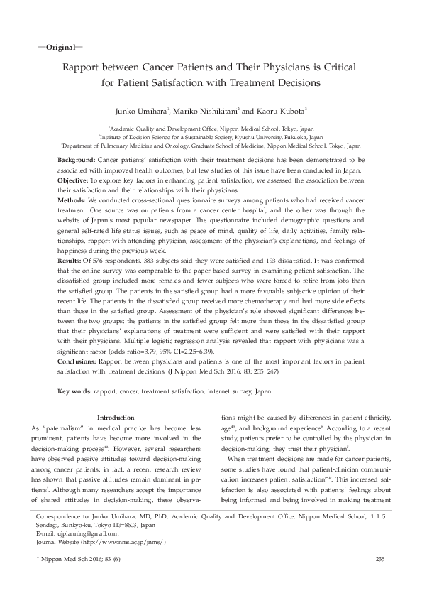 (PDF) Rapport between Cancer Patients and Their Physicians is Critical ...