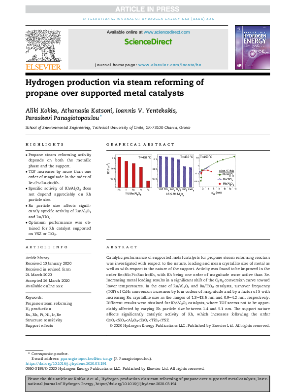(PDF) Hydrogen production via steam reforming of propane over supported ...