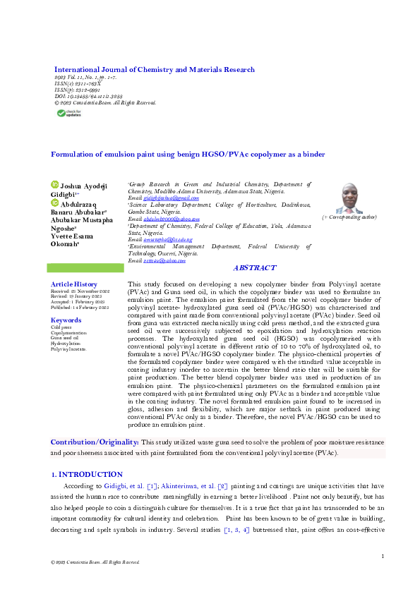 (PDF) Formulation of emulsion paint using benign HGSO/PVAc copolymer as
