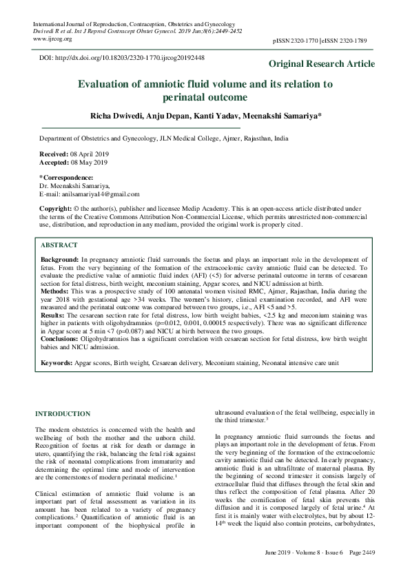 (PDF) Evaluation of amniotic fluid volume and its relation to perinatal ...