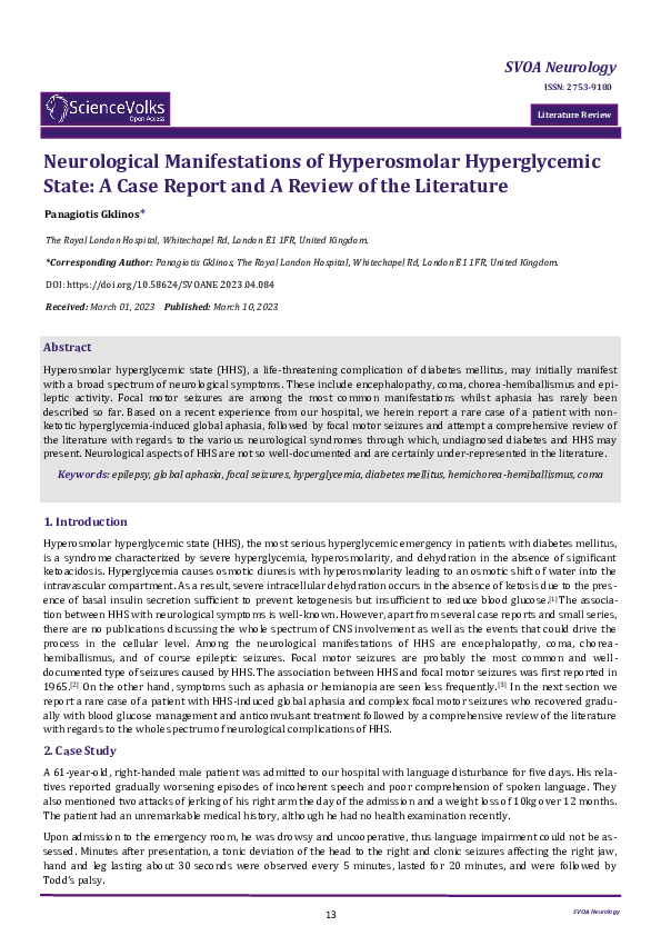 (PDF) Neurological Manifestations of Hyperosmolar Hyperglycemic State ...