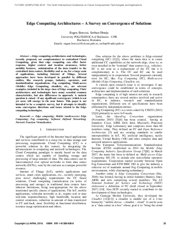 (PDF) Edge Computing Architectures - A Survey on Convergence of Solutions