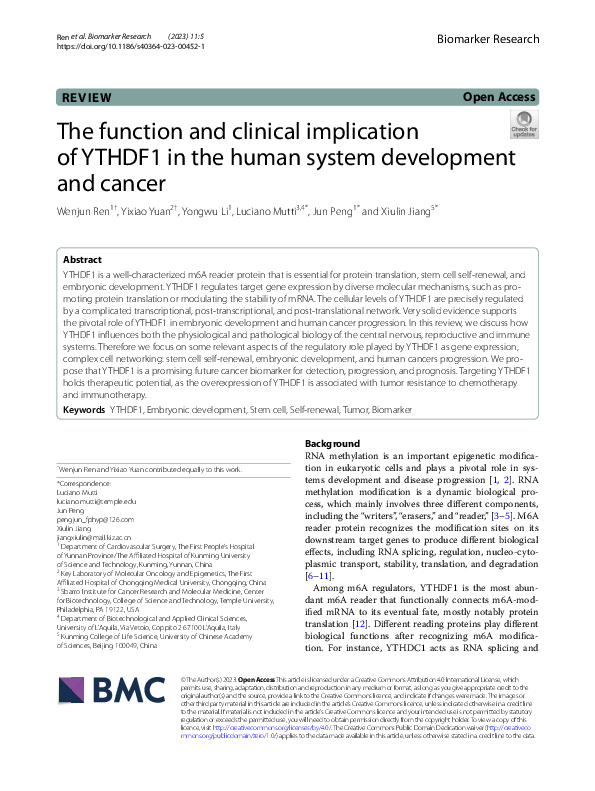 (PDF) The function and clinical implication of YTHDF1 in the human ...