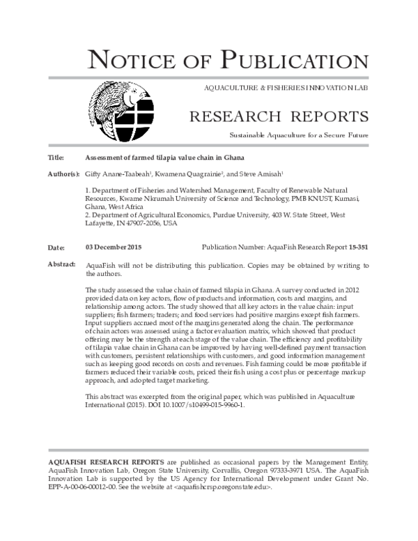 (PDF) Assessment of farmed tilapia value chain in Ghana Gifty Anane