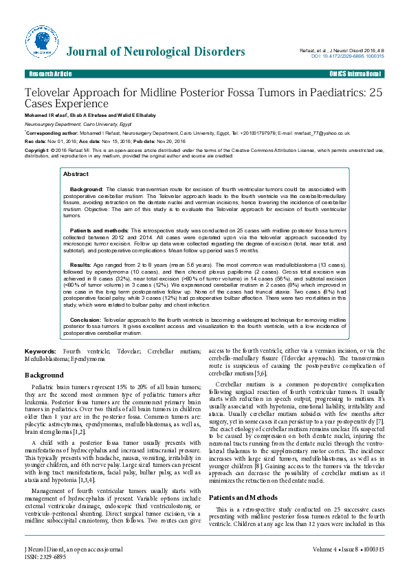 (PDF) Telovelar Approach for Midline Posterior Fossa Tumors in ...