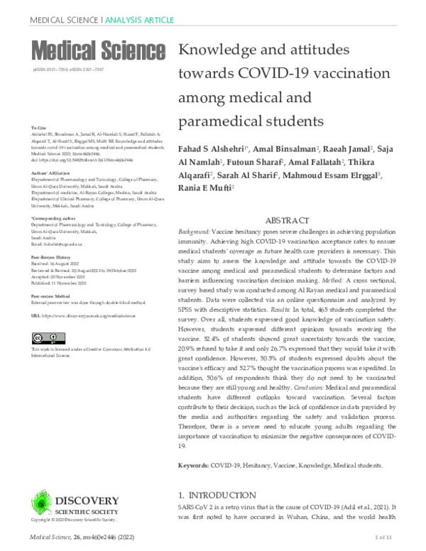 (PDF) Knowledge and attitudes towards COVID-19 vaccination among ...