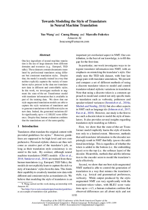 (PDF) Towards Modeling the Style of Translators in Neural Machine ...