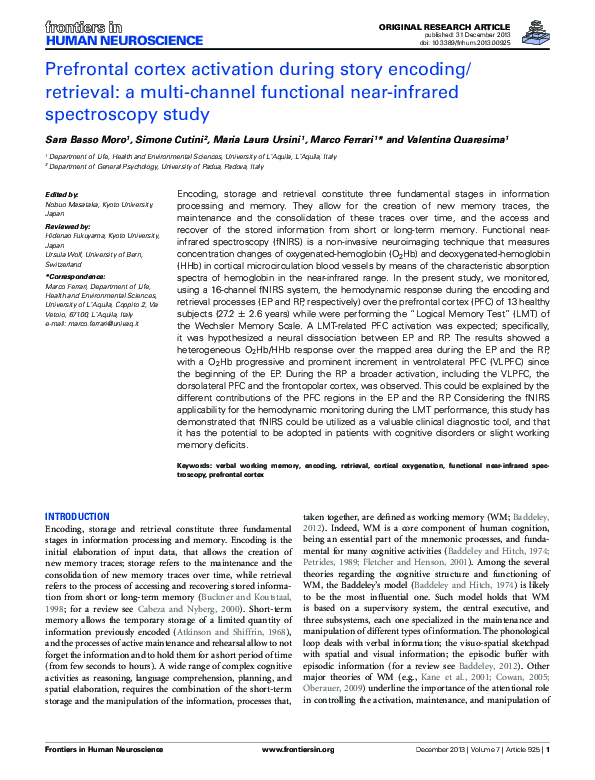 (PDF) Prefrontal cortex activation during story encoding/retrieval: a ...