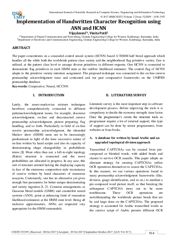 (PDF) Implementation of Handwritten Character Recognition using ANN and ...