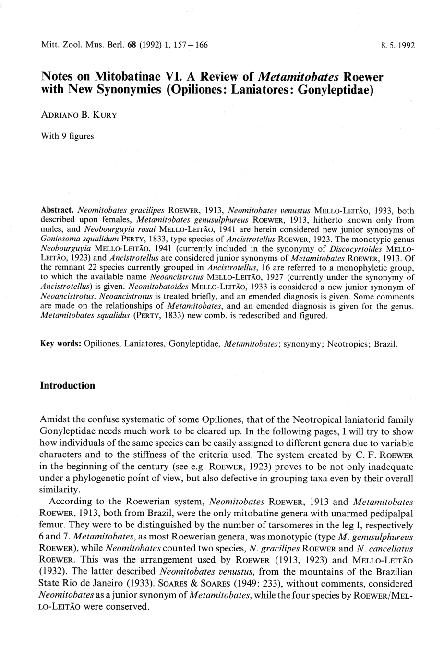 (PDF) Notes on Mitobatinae VI. A Review of MetamitobatesRoewer with New ...