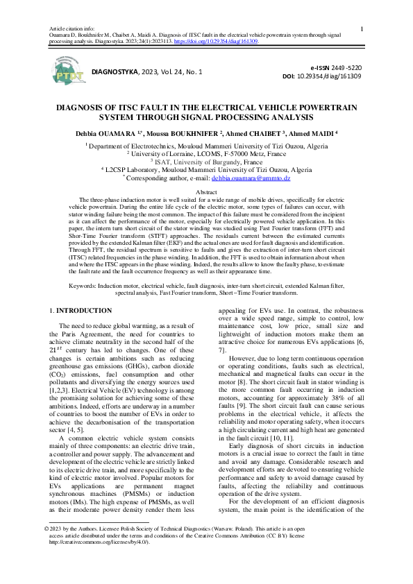 (PDF) Diagnosis of ITSC fault in the electrical vehicle powertrain