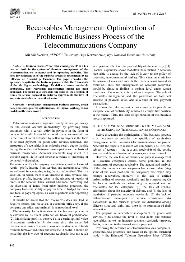 (PDF) Receivables Management: Optimization of Problematic Business ...