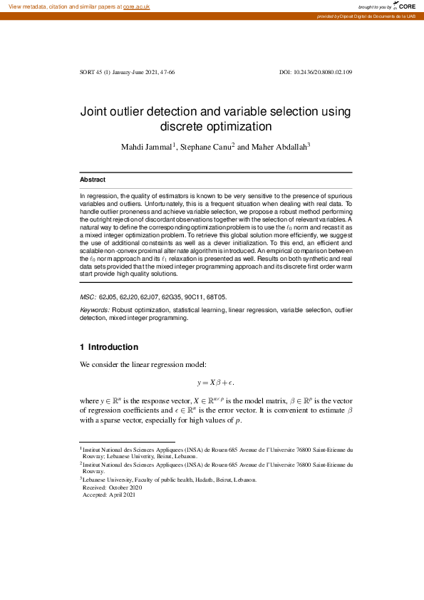 (PDF) Joint outlier detection and variable selection using discrete ...