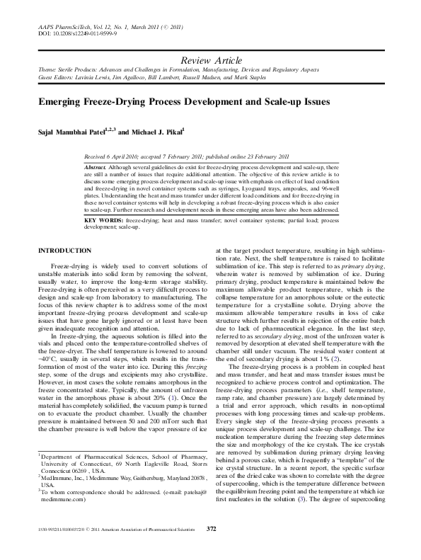 (PDF) Emerging FreezeDrying Process Development and Scaleup Issues