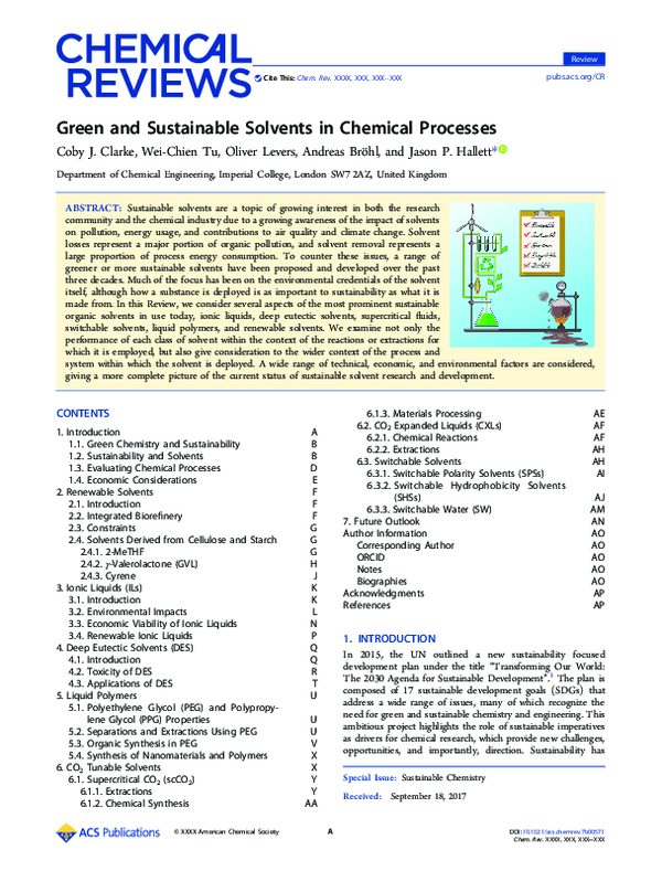 (PDF) Green and Sustainable Solvents in Chemical Processes