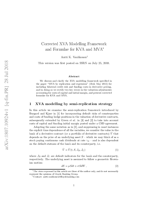 (PDF) Corrected XVA Modelling Framework and Formulae for KVA and MVA