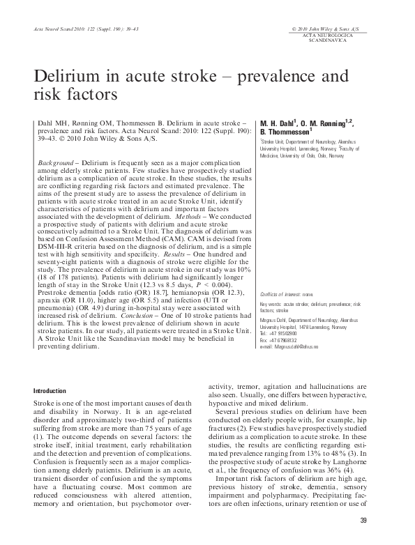 (PDF) Delirium in acute stroke - prevalence and risk factors