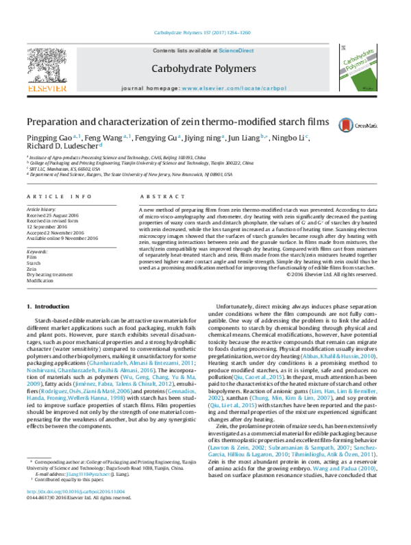 (PDF) Preparation and characterization of zein thermo-modified starch films