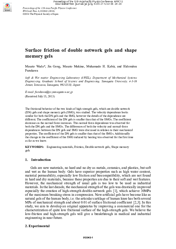 (PDF) Surface Friction of Double Network Gels and Shape Memory Gels