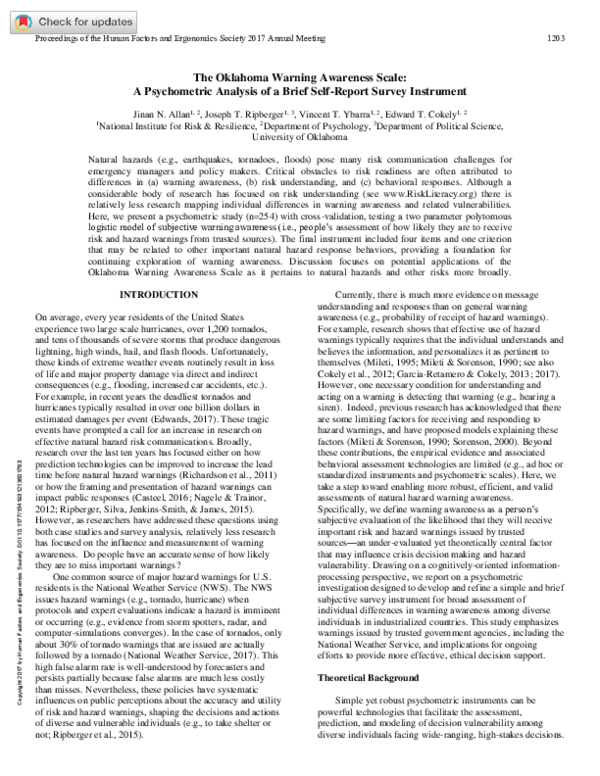 (PDF) The Oklahoma Warning Awareness Scale: A Psychometric Analysis of ...