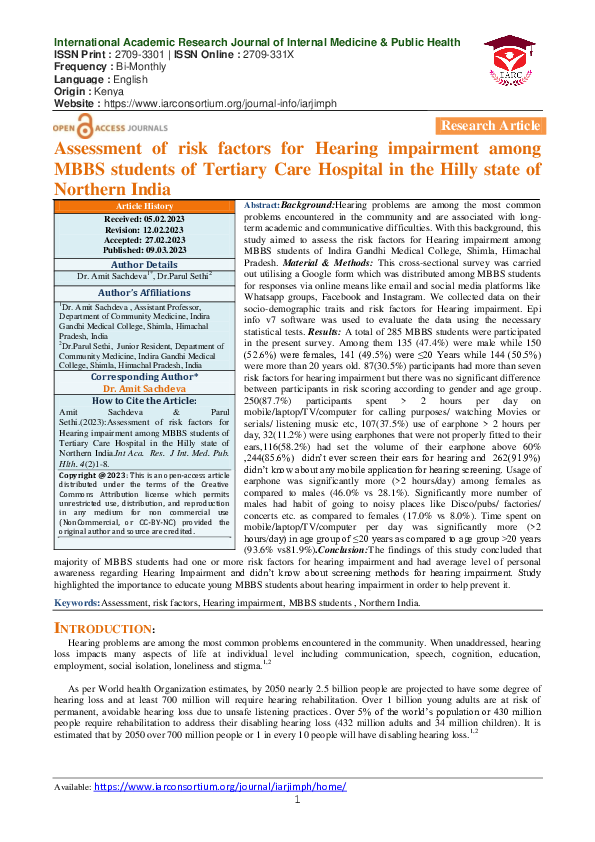 (PDF) Assessment of risk factors for Hearing impairment among MBBS ...