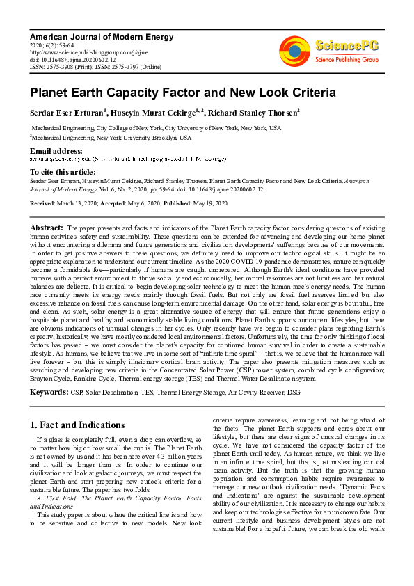 (PDF) Planet Earth Capacity Factor and New Look Criteria