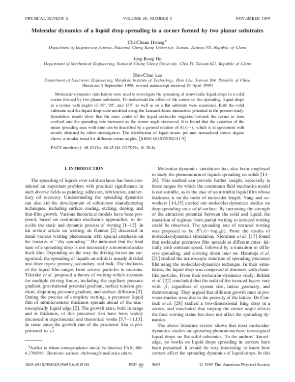 (PDF) Molecular dynamics of a liquid drop spreading in a corner formed ...