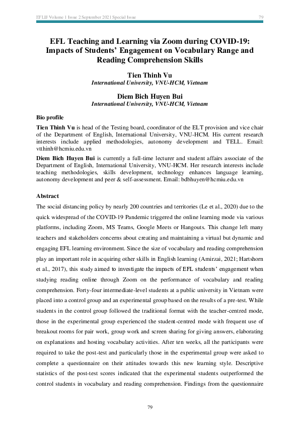(PDF) EFL Teaching and Learning via Zoom during COVID-19: Impacts of ...