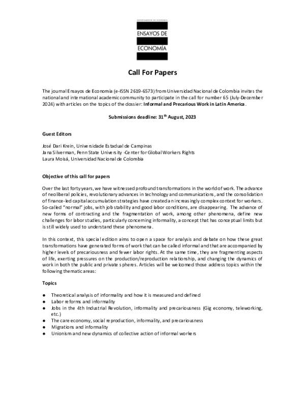 (PDF) Call for Papers Special Issue 65