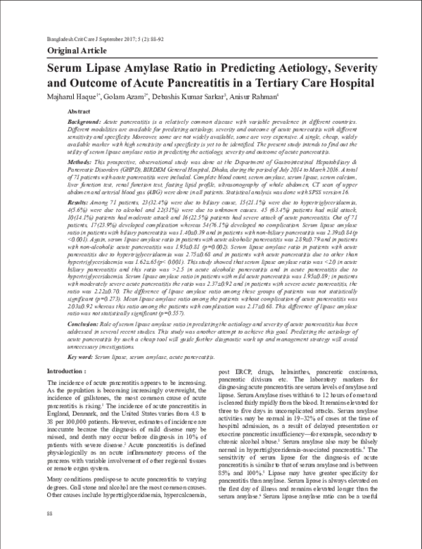 (PDF) Serum Lipase Amylase Ratio in Predicting Aetiology, Severity and ...